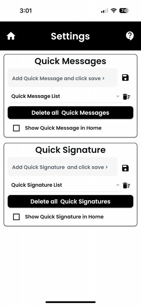 Quick Send for WhatsApp - Settings screen of Quick Send for WhatsApp displaying quick message and signature template management options