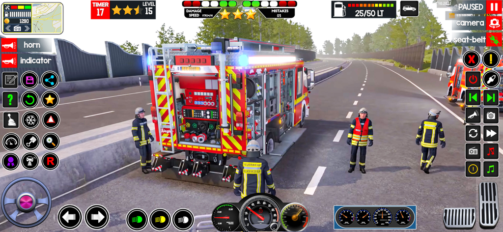 Rescue Squad Firestorm Mission - Firefighters standing by a red fire truck on a highway in a rescue simulation game.