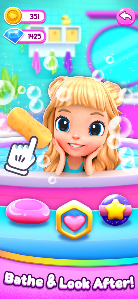 A young girl character having a bubble bath in the Cutie Care mobile game
