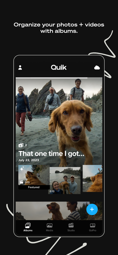 A mobile phone screen showing the GoPro Quik app interface with a photo album of a dog and friends at the beach.