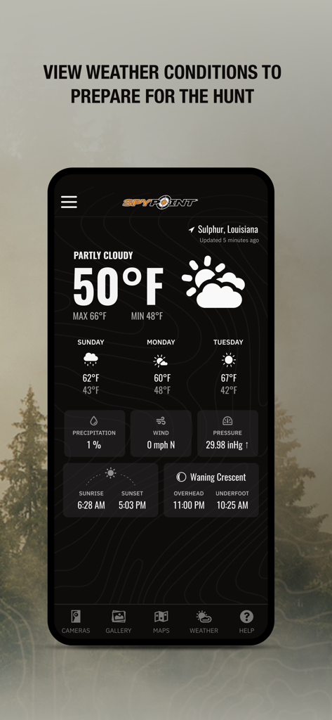 SPYPOINT app interface displaying weather conditions and moon phases for hunting.