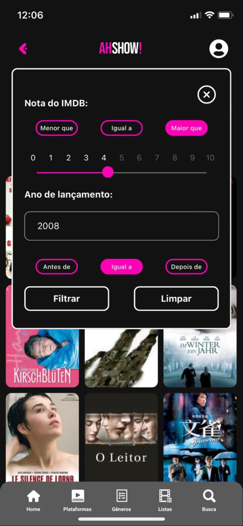 AhShow! - Interface do aplicativo AhShow! mostrando opções de filtro para avaliações do IMDB e ano de lançamento.