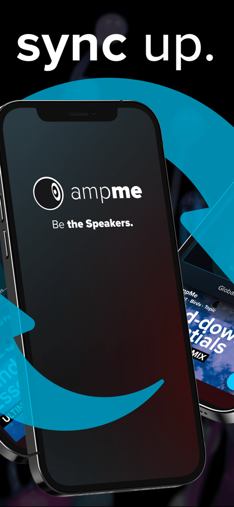 Smartphone display of the AmpMe app with the text sync up and be the speakers.