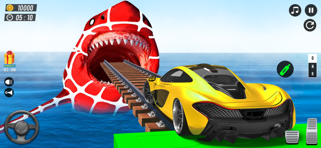 Car Stunt simulator Master 3D - Yellow sports car driving into a giant red shark mouth on a track over the sea