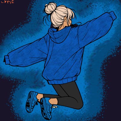 realistic girl jumping with a bun and oversized sweatshirt