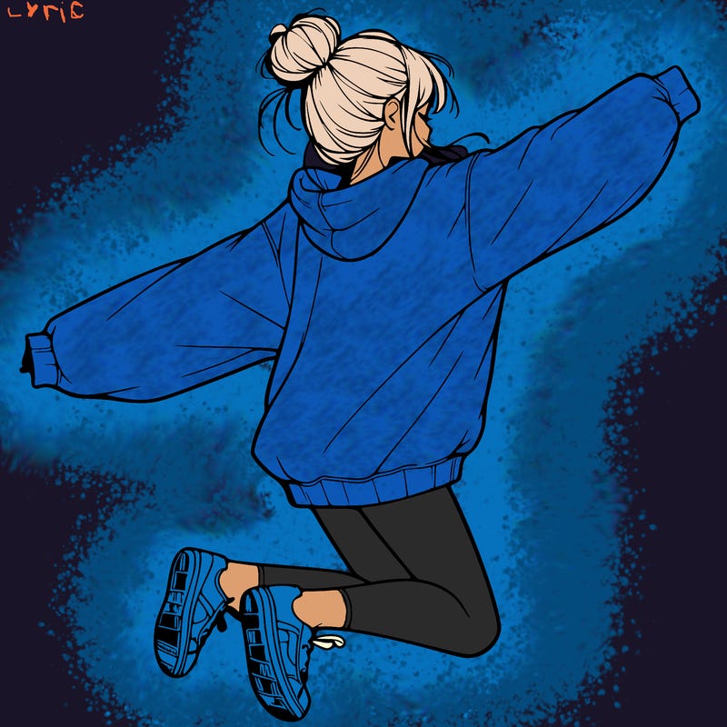 realistic girl jumping with a bun and oversized sweatshirt