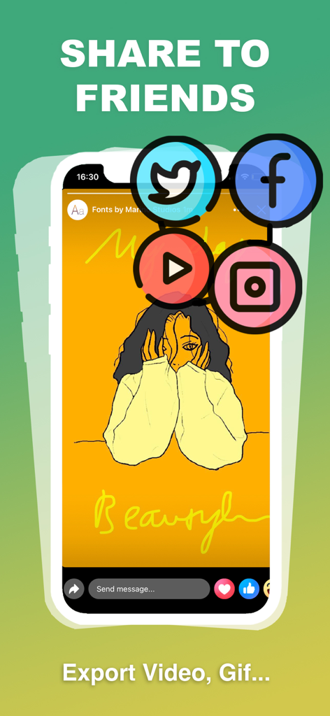 DrawToon - 2D Animation - ソーシャルメディアプラットフォームへのアニメーション共有オプションを示すDrawToonアプリのインターフェイス