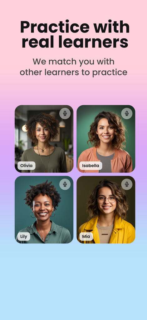 Schermata dell'app Enverson AI che abbina gli utenti ad altri studenti reali per la pratica della conversazione in inglese