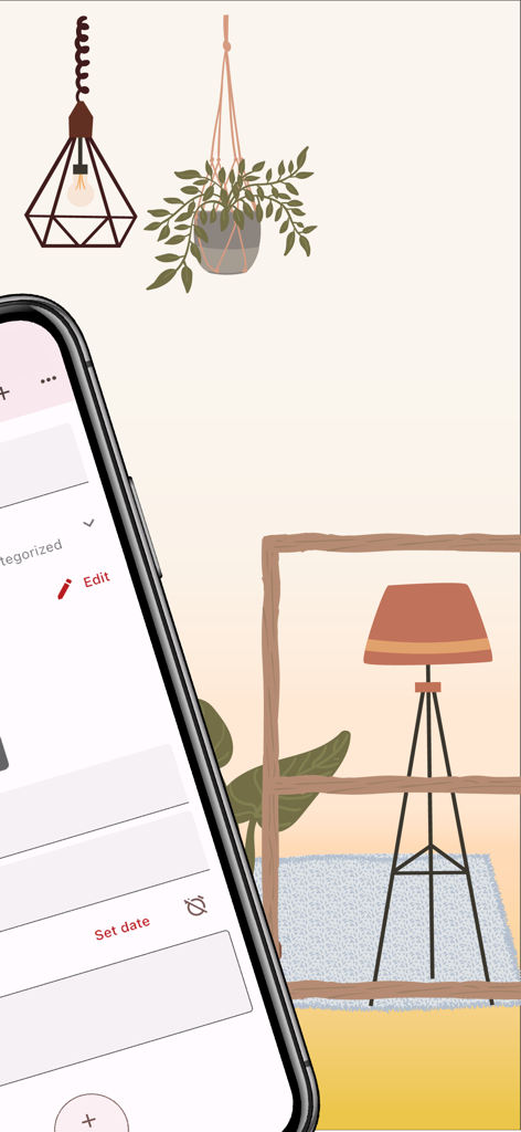 Tela de smartphone mostrando a interface do aplicativo monoca 2 com um plano de fundo com ilustrações de decoração de casa