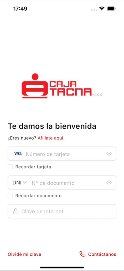 カード番号と身分証明書のフィールドが表示されるカハ・タクナモバイルバンキングアプリのログイン画面