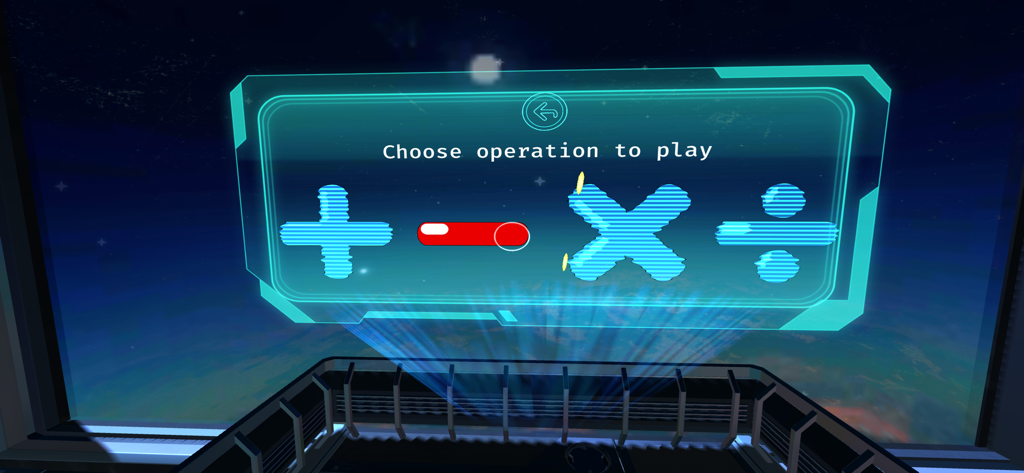 Space themed virtual reality menu screen asking to choose a math operation with holographic symbols for addition subtraction multiplication and division