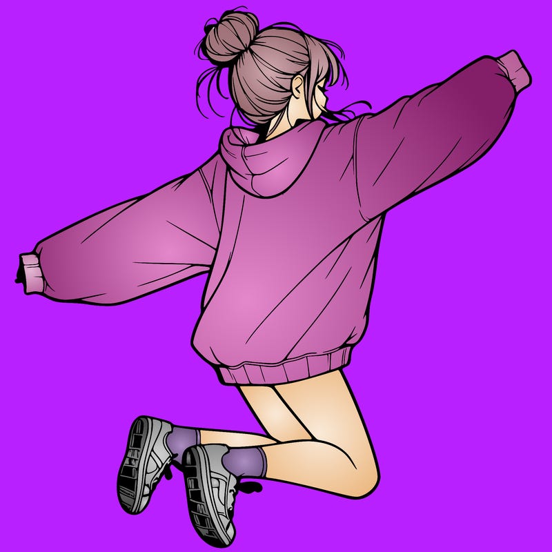 realistic girl jumping with a bun and oversized sweatshirt