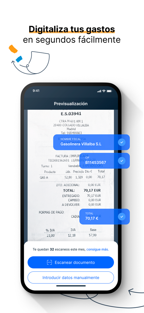 Presupuestos y facturas Billin - Pantalla de la aplicación móvil Billin que muestra el escaneo OCR impulsado por IA de un recibo para digitalizar automáticamente los datos de gastos