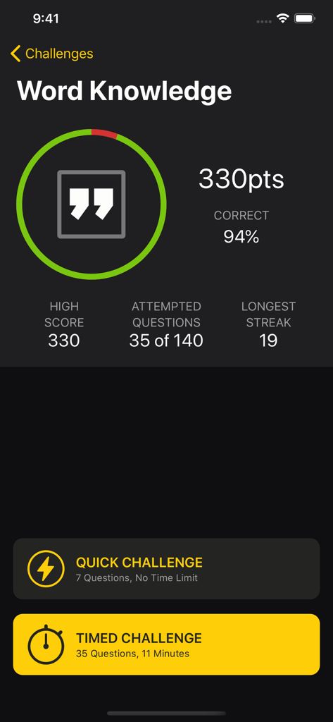 A screenshot of the U.S. Army ASVAB Challenge app showing Word Knowledge test results and options for quick or timed challenges