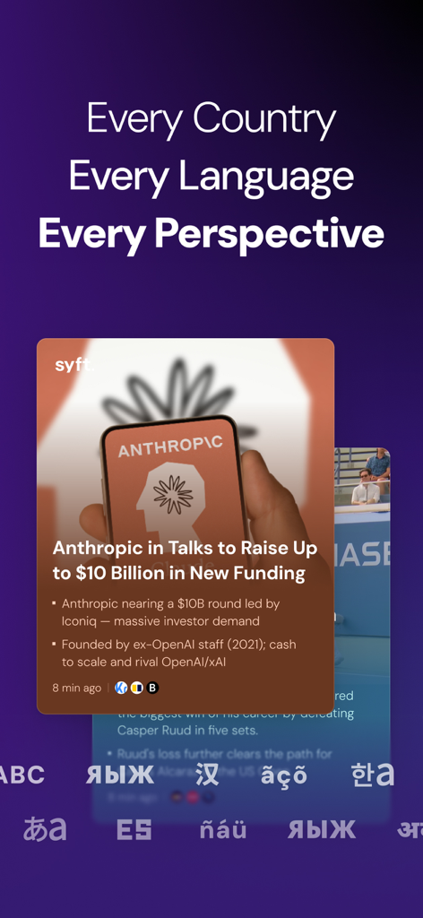 Syft app screen showing a news article card about Anthropic funding with a headline emphasizing global news in every language
