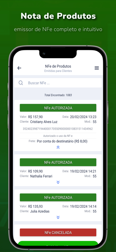 Total MEI: Serviços, DAS Fácil - Um smartphone exibindo a interface do aplicativo Total MEI para gerenciar notas fiscais eletrônicas de produtos com logs de transações detalhados.