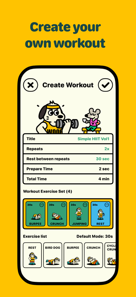 Rumbo Fitness - Rumbo Fitness app screen showing a user-friendly interface to create and customize a HIIT workout with cute cartoon characters