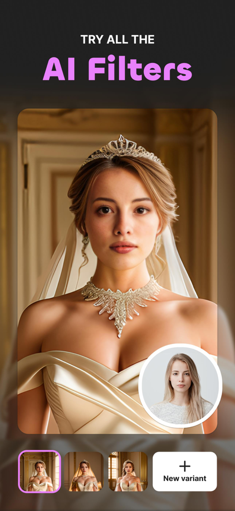 Screenshot of PhotoLab app displaying a woman transformed into a bride using an AI filter with the original photo shown in an inset circle.