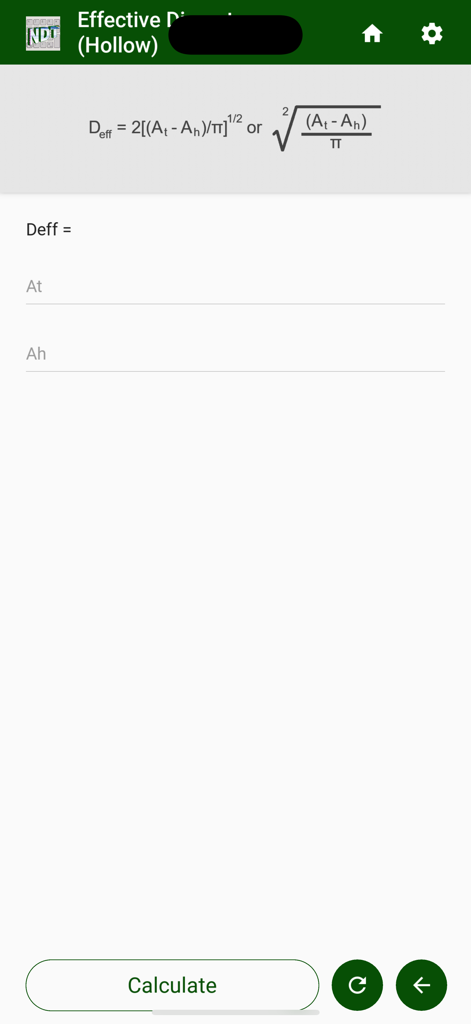 MagCal - NDT - MagCal NDT app screen showing the formula and input fields for calculating the effective diameter of hollow parts.