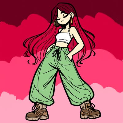 girl in baggy pants crop top and long hair