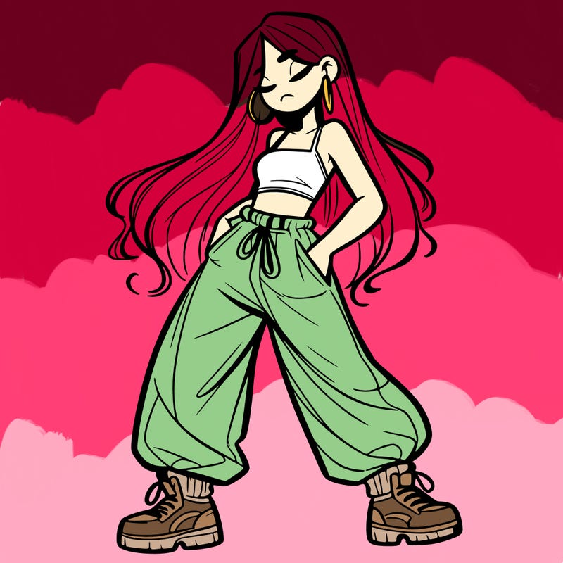 girl in baggy pants crop top and long hair