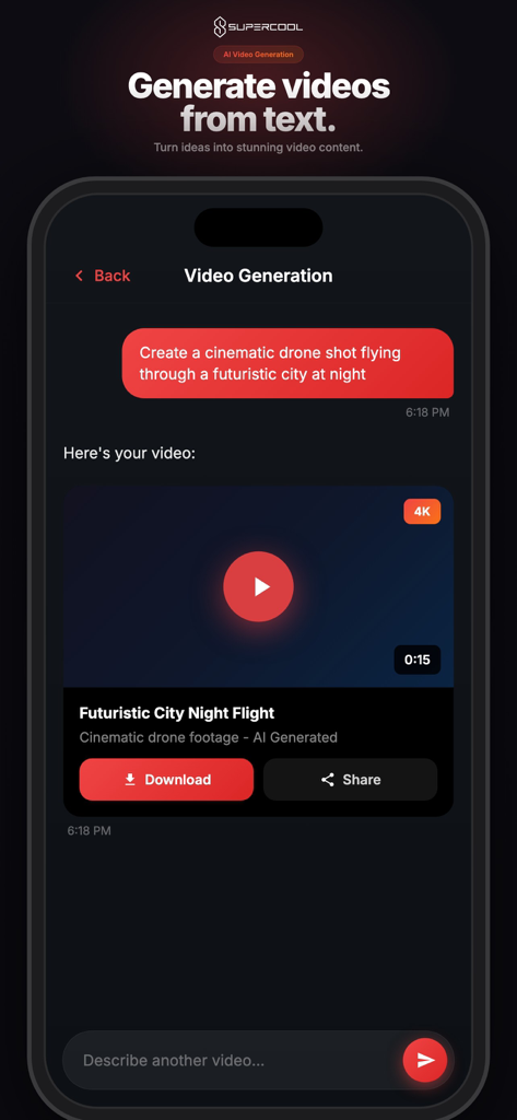 SuperCool - AI Agent - SuperCool AI Agent mobile interface showing AI video generation from a text prompt