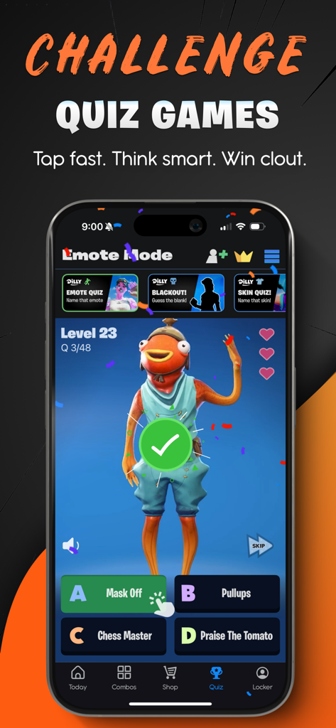 A mobile phone screen displaying a Fortnite emote quiz game within the Dilly app featuring the Fishstick character.