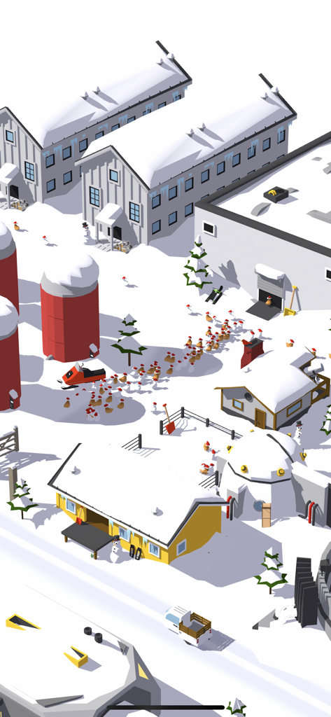 Isometric 3D view of a snow-covered egg farm with a swarm of chickens wearing Santa hats