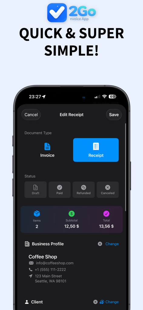 Interfaz de la aplicación 2Go Invoice Maker en un iPhone que muestra opciones para editar un recibo con detalles del perfil de la empresa y seguimiento del estado.