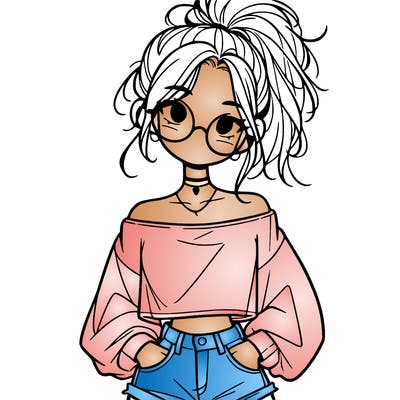 girl with a messy ponytail glasses a baggy crop top and jean shorts