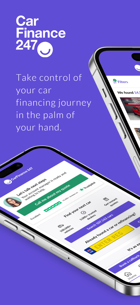 CarFinance 247 - A interface da aplicação móvel CarFinance 247 mostrando ferramentas de financiamento automóvel e opções de pesquisa de veículos num ecrã de smartphone.