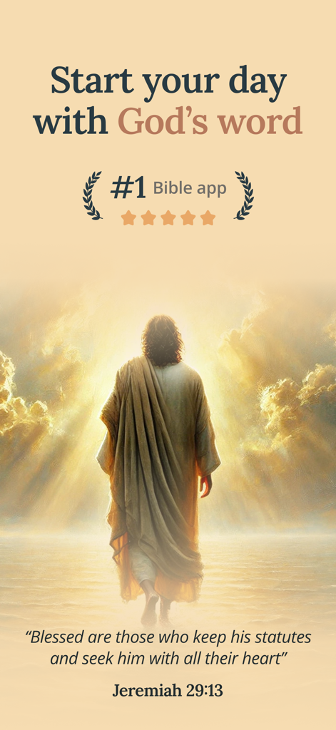 Holy Path: Daily Bible Chat - Tela de introdução do aplicativo Bíblia Holy Path mostrando Jesus caminhando em direção à luz e um versículo diário