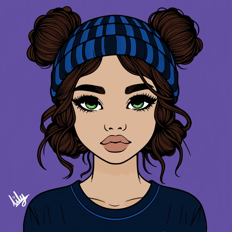 realistic girl with buns in her hair with a beanie on