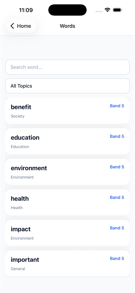 A list of academic IELTS words categorized by topic and band score on a mobile app interface.