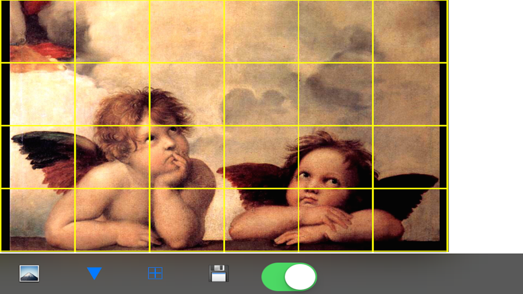 A classical painting of two cherubs with a yellow grid overlay used for drawing proportions