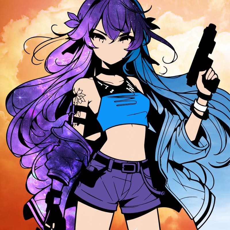 bad girl wearing crop top holding a gun long hair anime