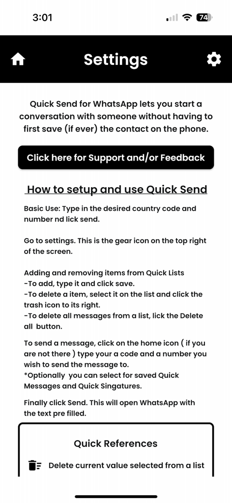 Quick Send for WhatsApp - The settings screen of the Quick Send app providing a setup guide and instructions on how to message WhatsApp contacts without saving them.