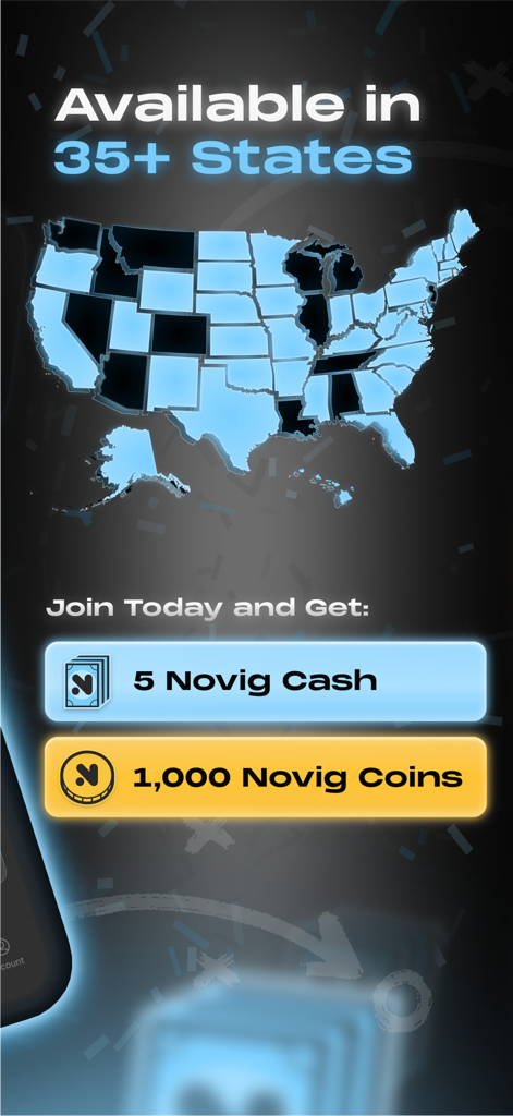 Novig - Map showing Novig availability in over 35 US states and signup rewards for Novig Cash and Coins