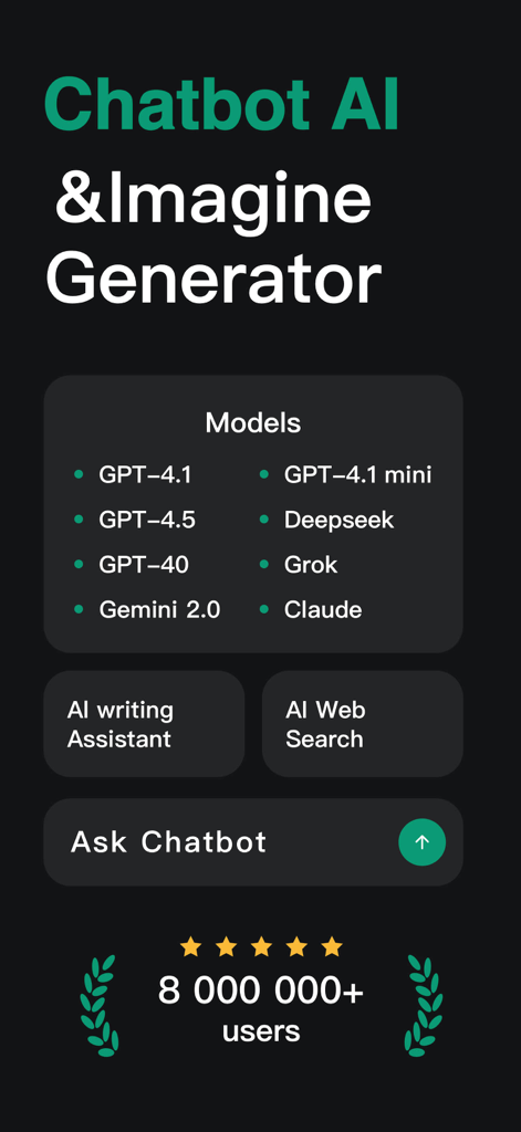 AI Agent - Chat bot Assistant - AI Agent interface showing various integrated AI models like GPT Claude and Gemini with over 8 million users.