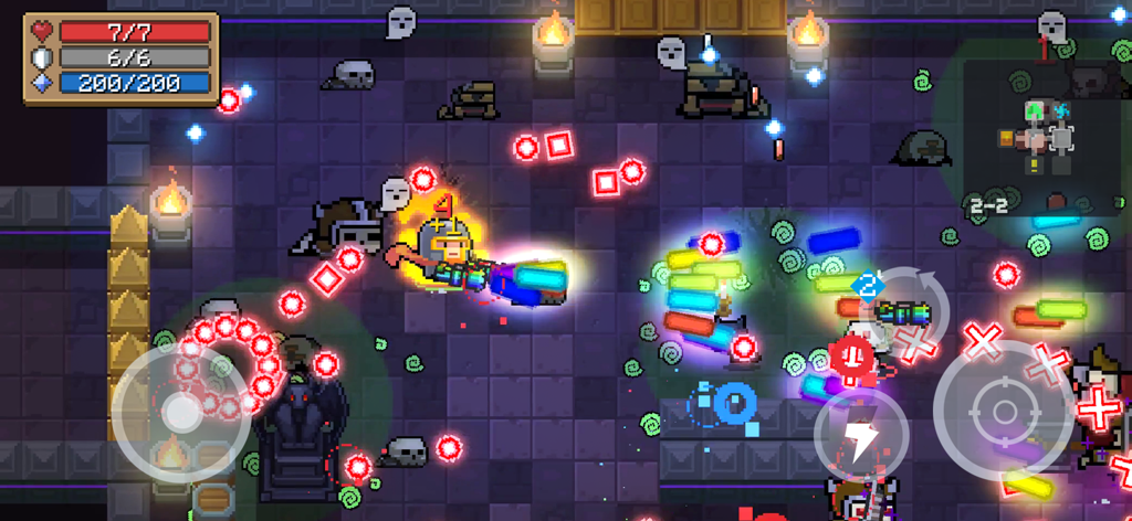 Soul Knight gameplay showing a hero character fighting enemies with colorful projectiles in a pixel art dungeon.