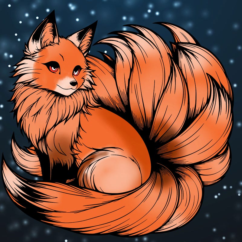 realistic detailed 9 tailed anime fox