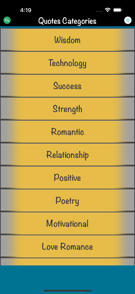 Motivational Quotes Love Quote - Tela do aplicativo mostrando uma lista de categorias de citações, incluindo sabedoria, sucesso e força.