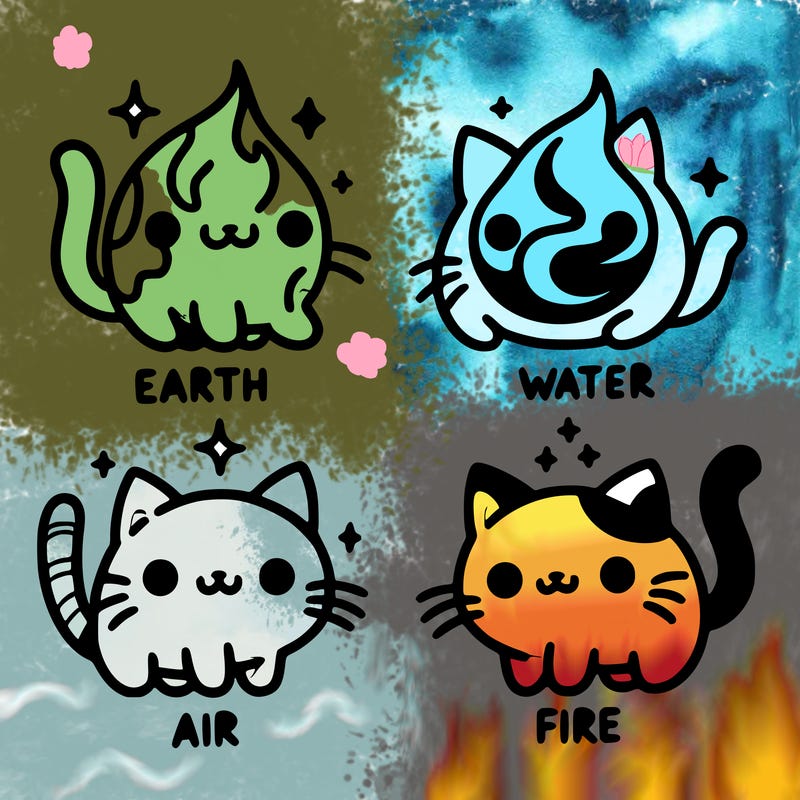 4 cats that represent the different elements, earth, water, air, and fire