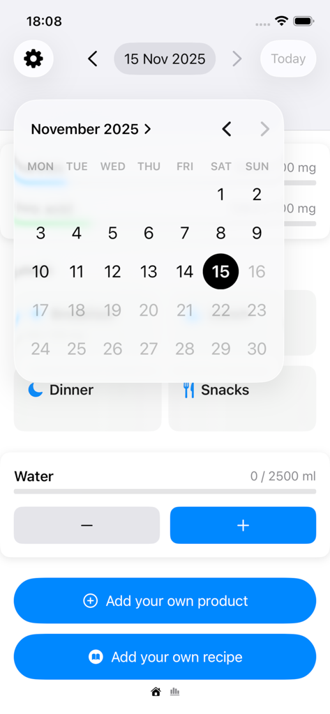 PuriCalc mobile app screen displaying a calendar picker, a water intake monitor with progress bar, and buttons to add custom products or recipes