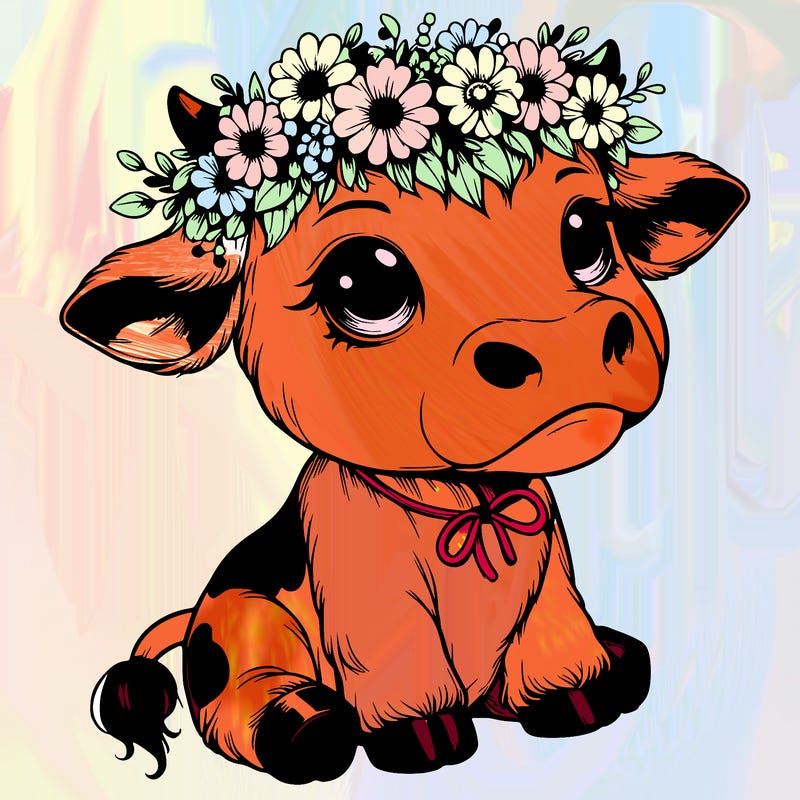 realistic adorable cow with flower crown