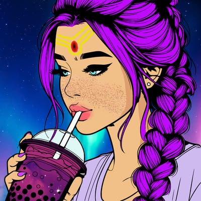 realistic girl drinking boba tea with braided hair