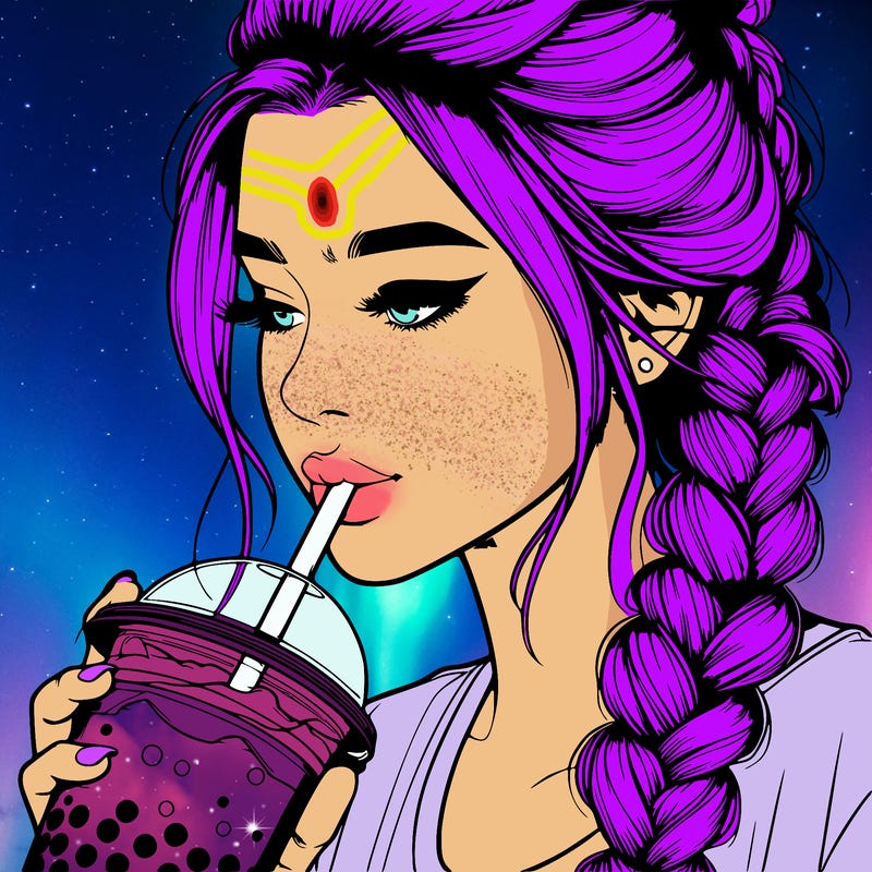 realistic girl drinking boba tea with braided hair