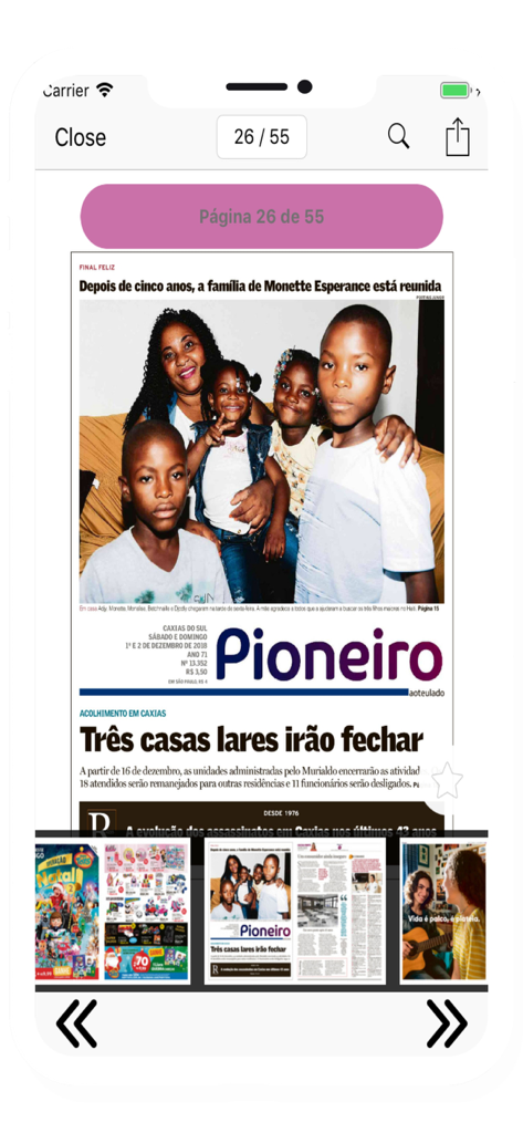 Pioneiro - Uma representação digital de uma página de jornal impresso dentro do aplicativo de notícias Pioneiro