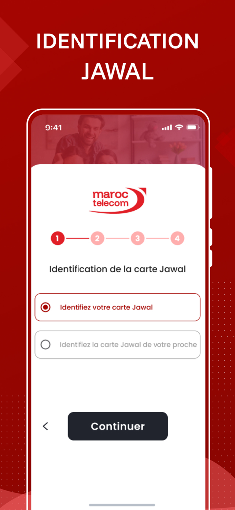 Interface of the Identification Jawal app showing the first step of the Maroc Telecom SIM card registration process.