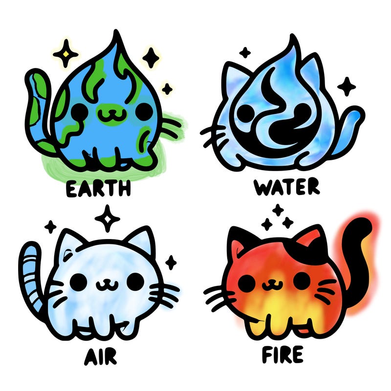 4 cats that represent the different elements, earth, water, air, and fire